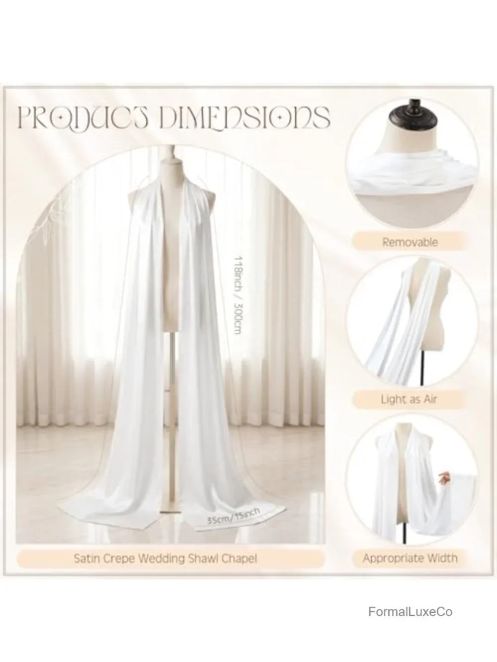 Ivory Satin Tulle Bridal Neckerchief Scarf Flowing Shawl Wedding Accessory
